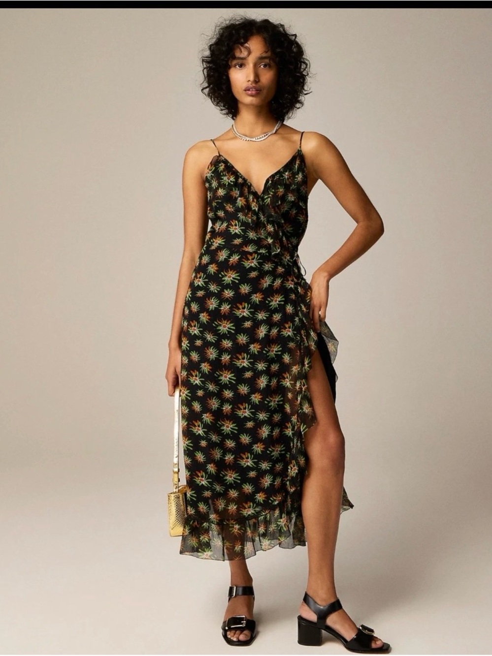 J. Crew Black Floral Midi Wrap Dress with Side Slit